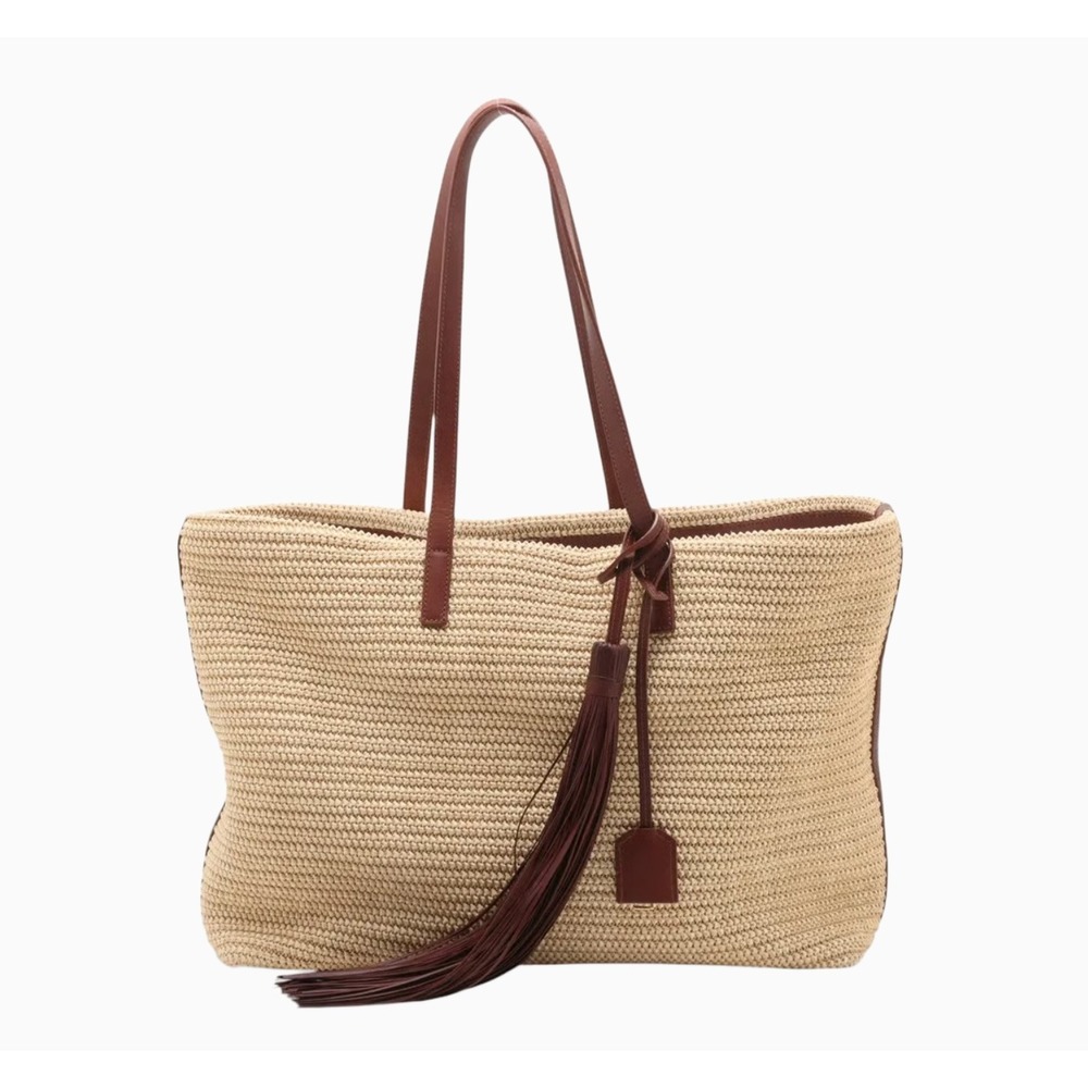 SAINT LAURENT Medium Tote Bag Beige Crochet Raffia w/ Brown Leather & Tassel